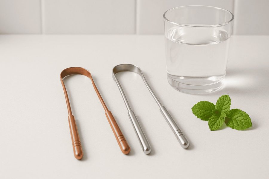 Stainless steel tongue scraper beside a toothbrush for daily bad-breath control.