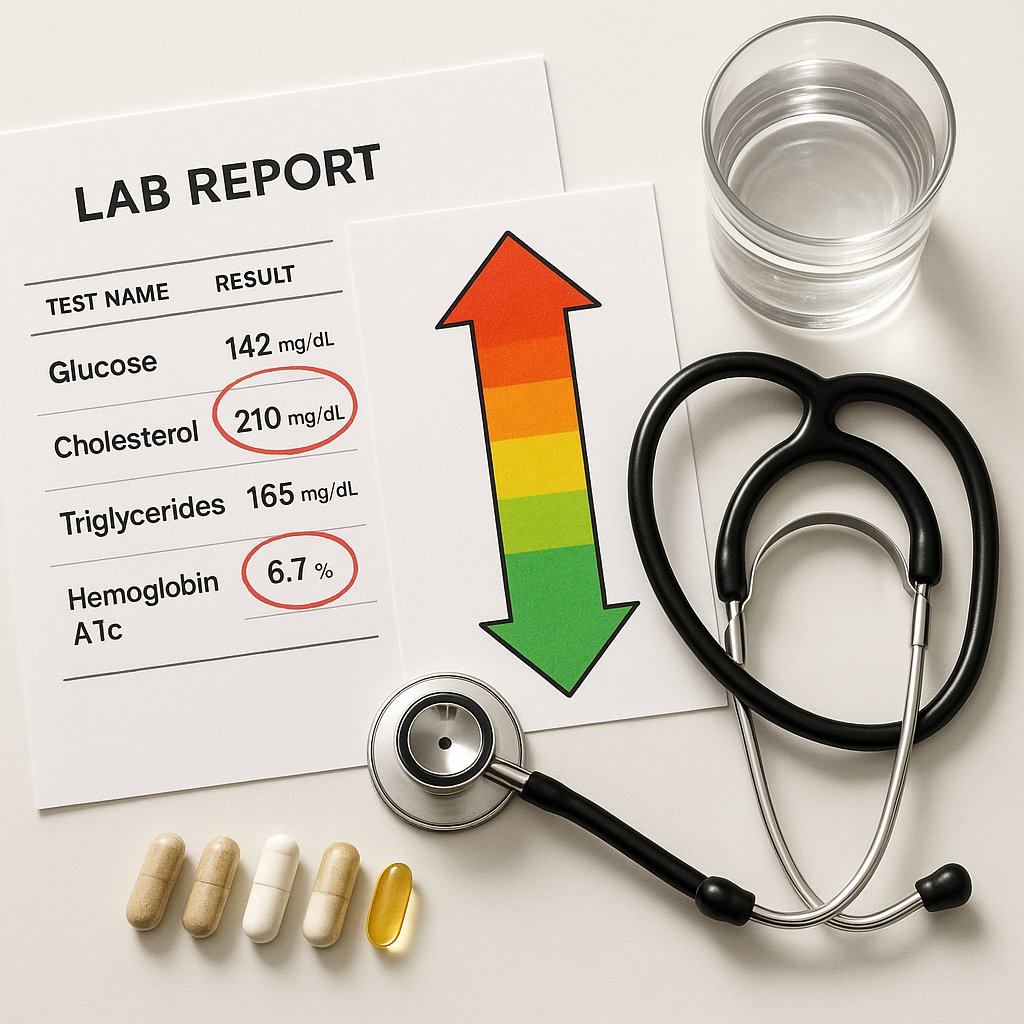 Lab report with color-coded decision tree chart and supplement dosing sequence