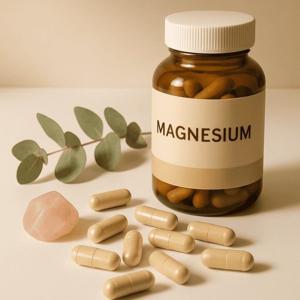 Illustration of a woman's body with labeled systems showing how magnesium affects hormones, bones, muscles, and the nervous system