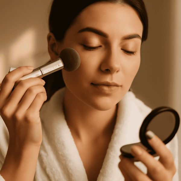 Five-step minimalist makeup layout showing concealer mascara brow gel cream blush and lip balm for a quick morning routine
