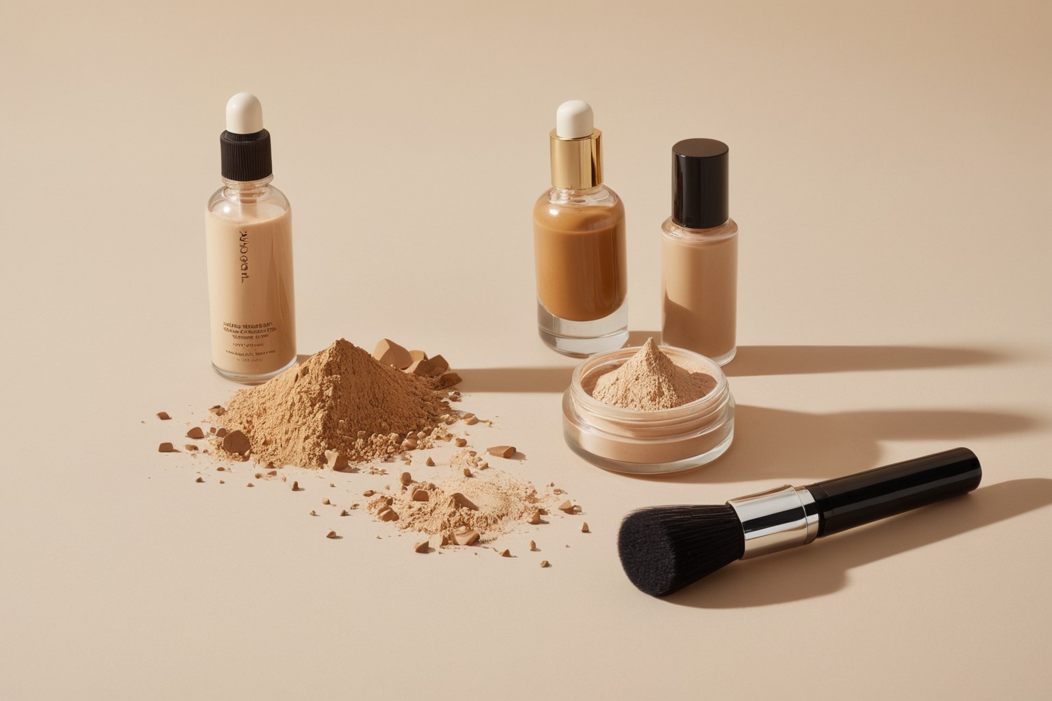 Clean beauty makeup products arranged on a neutral background