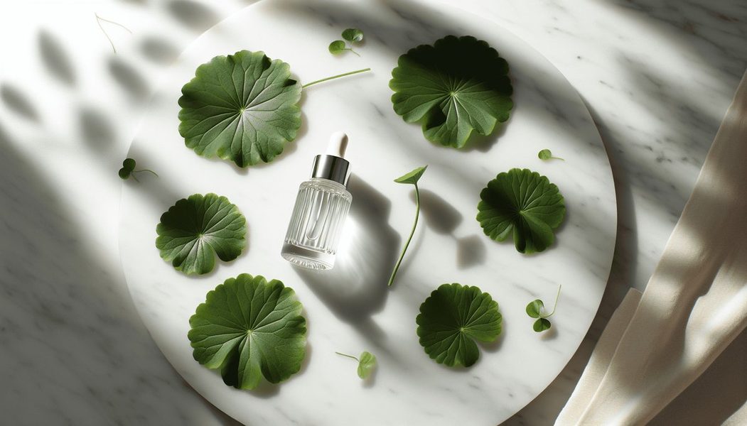 Centella asiatica green leaves and skincare serum bottle on white background for sensitive skin