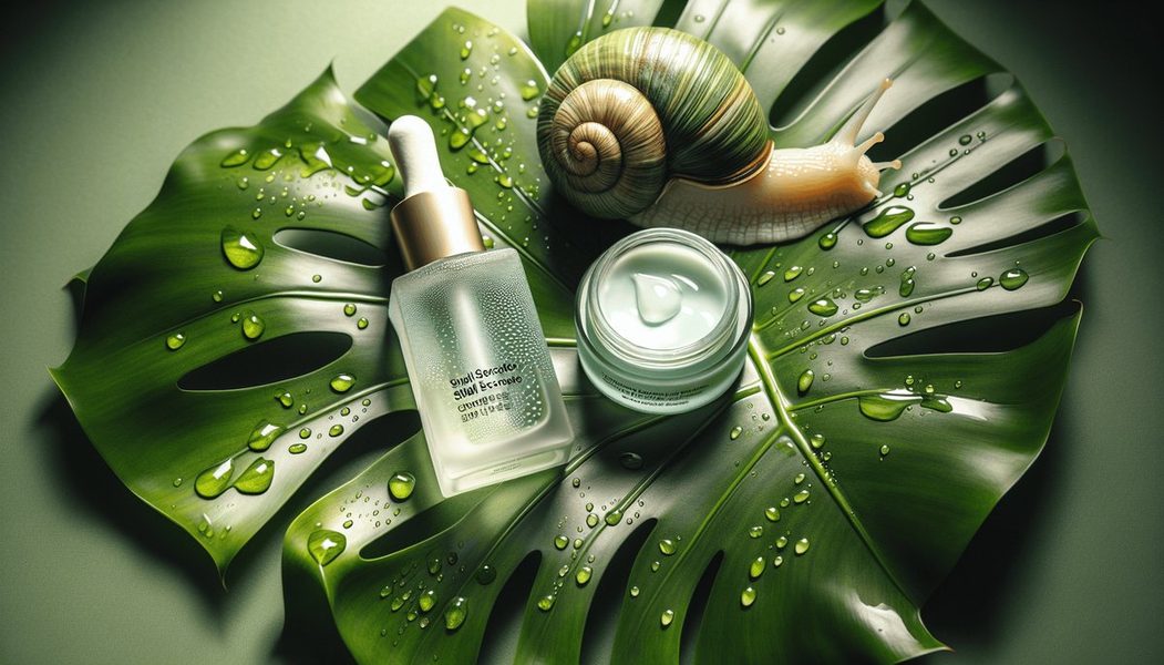 Snail mucin serum and essence bottles with snail shell on dewy botanical background