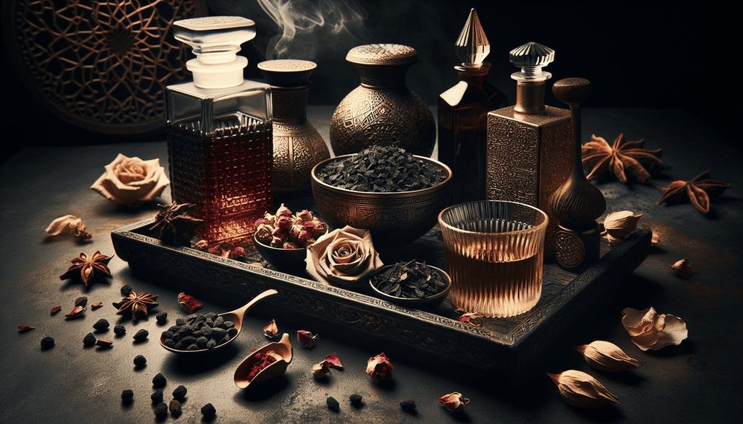 Oud wood chips black seed oil and rose water bottles for luxury Middle Eastern skincare formulation