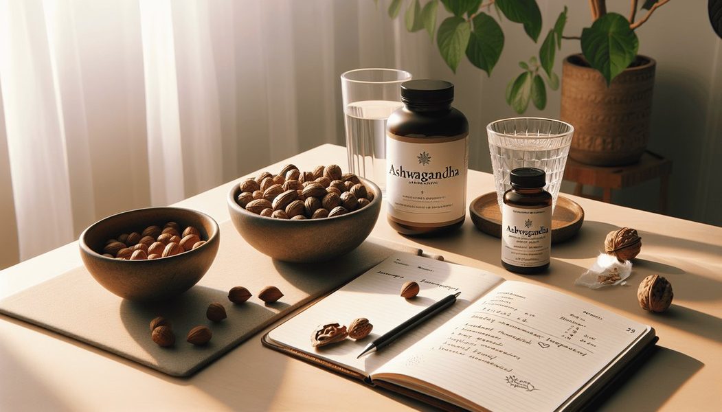 Person sitting at desk with healthy foods and supplement bottles representing stress eating management