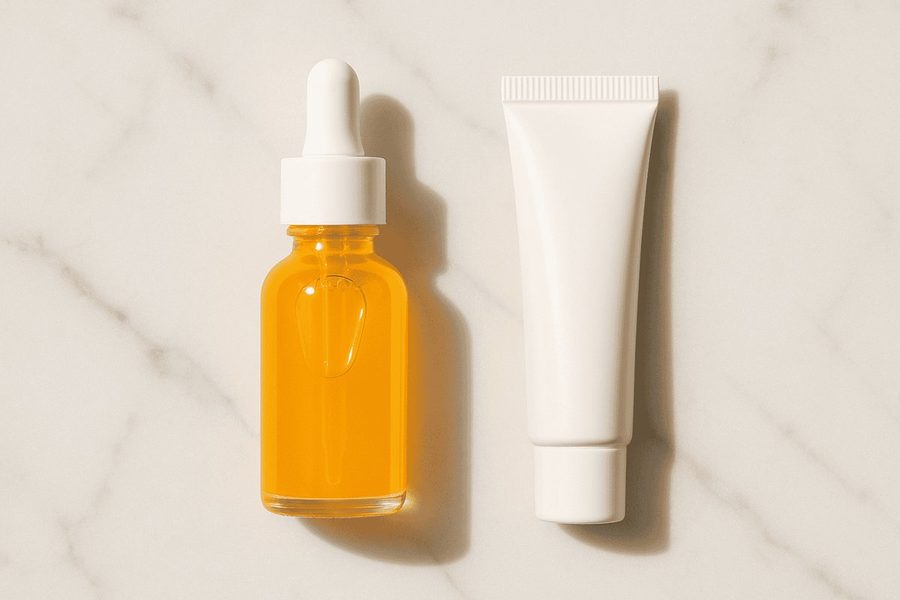 Tranexamic acid serum and hydroquinone cream side by side for hyperpigmentation comparison
