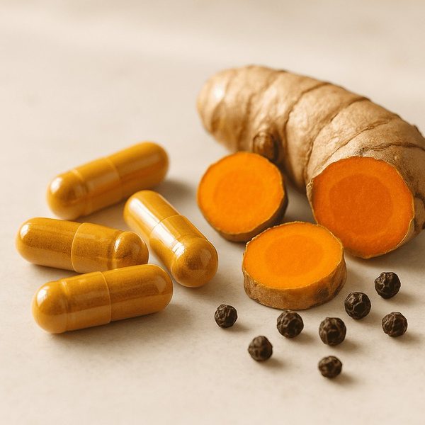 Turmeric root, curcumin extract capsules, and black pepper — the bioavailability trio