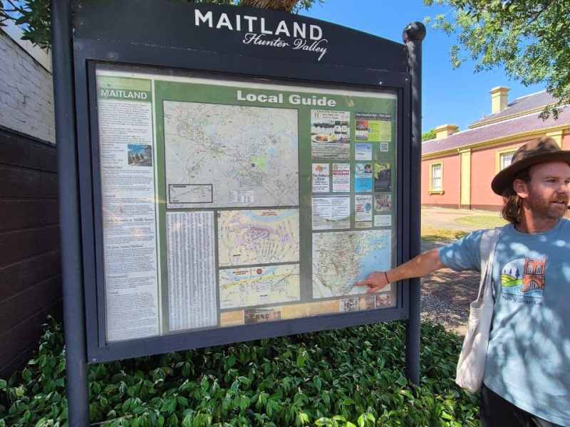 Historic Maitland Hunter Valley local guide board in New South Wales, Australia. Explore Maitland's attractions, dining, and accommodations with Newy Tour Co., your local tour expert.