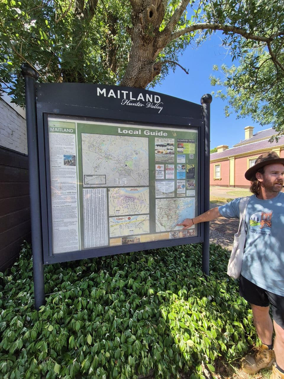 Historic Maitland Hunter Valley local guide board in New South Wales, Australia. Explore Maitland's attractions, dining, and accommodations with Newy Tour Co., your local tour expert.