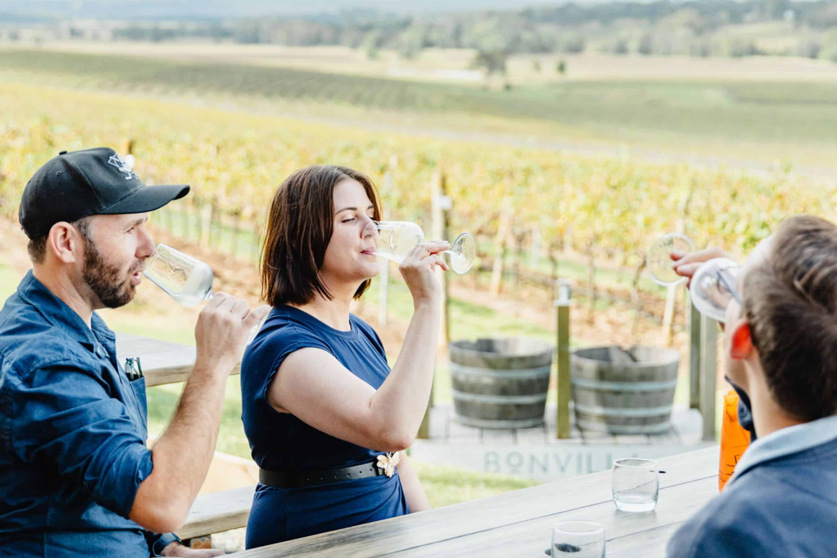 Vineyard wine tasting with friends at Newy Tour Co. offers scenic winery tours in Newcastle, Australia, featuring premium wines, guided excursions, and local wine experiences.