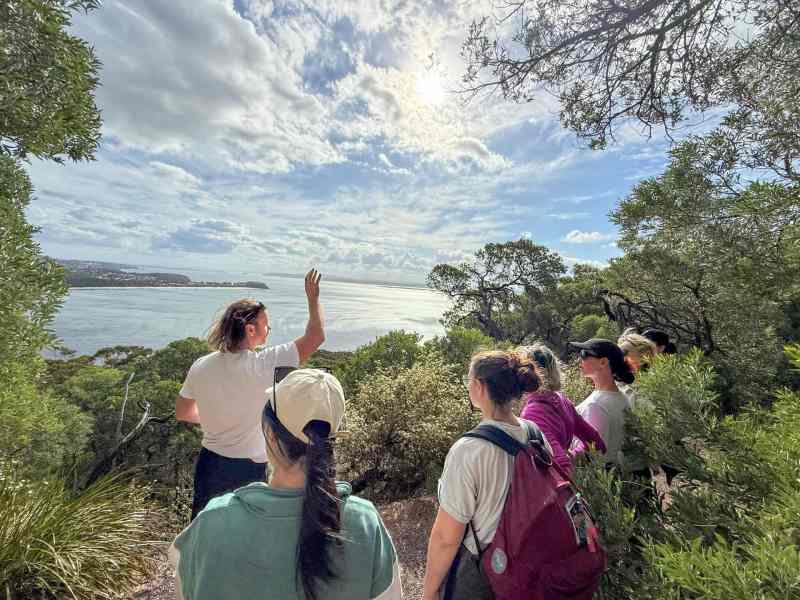 Sunset guided nature tour at Newy Tour Co. with a group of hikers enjoying scenic views, lush greenery, and coastal landscapes in Newcastle, Australia, highlighting adventure and eco-tourism experiences.