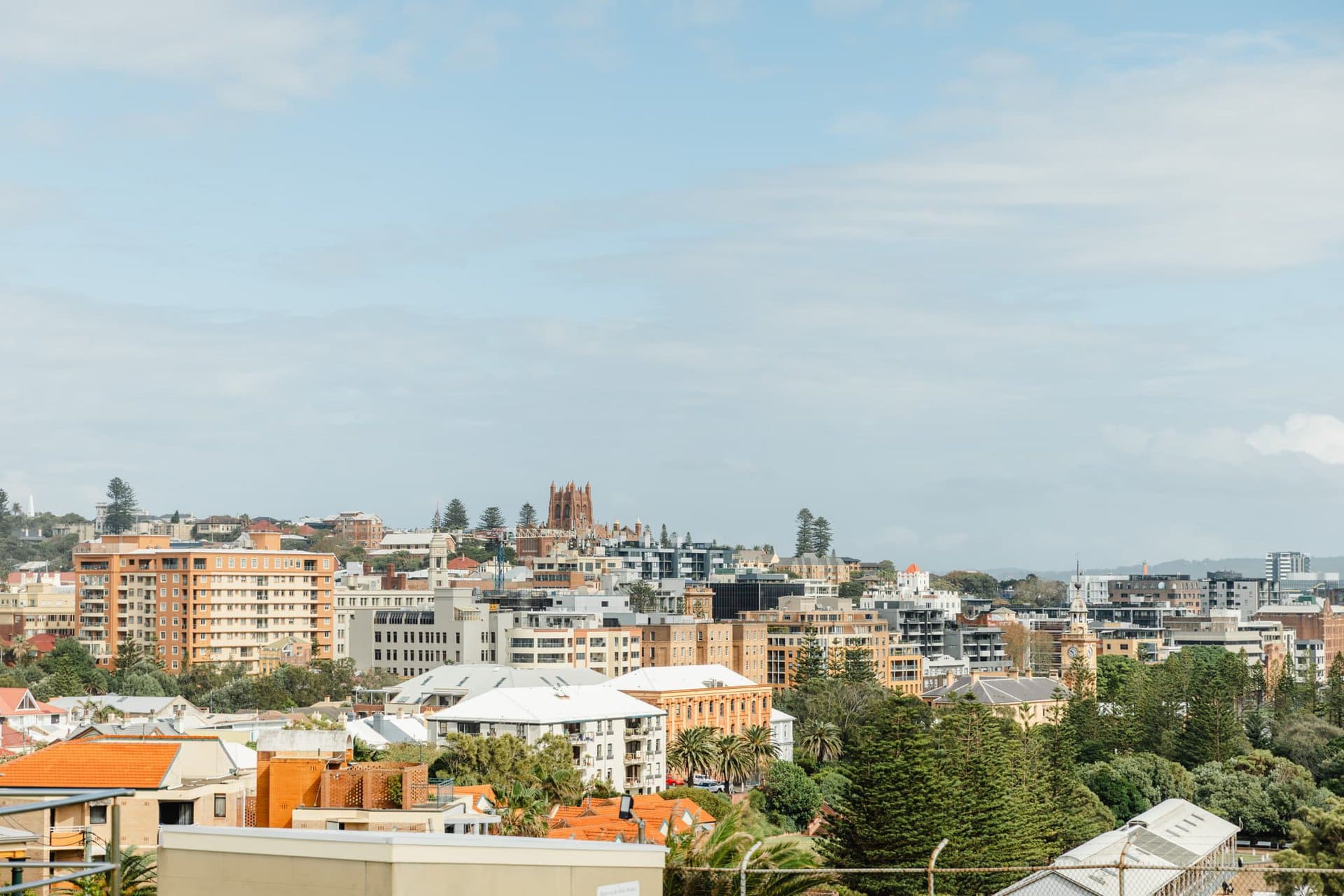 Vibrant cityscape of Newcastle featuring diverse architecture, lush greenery, and iconic landmarks under a partly cloudy sky, perfect for exploring Newy Tour Co. sightseeing tours.