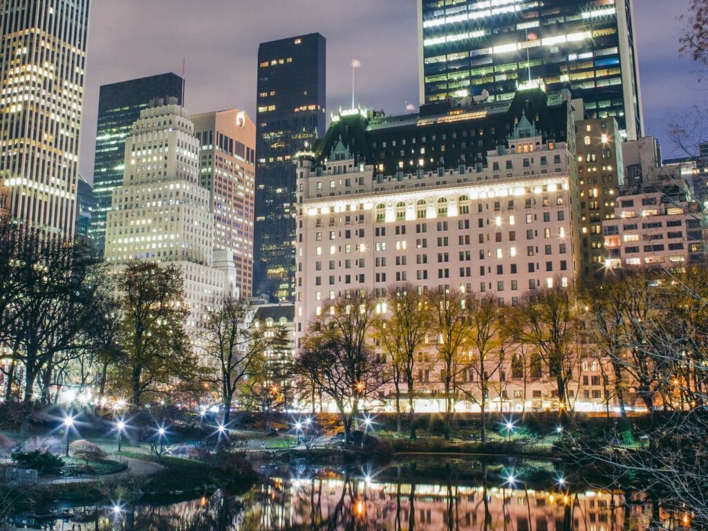 Central park in New York City at night during Christmas 