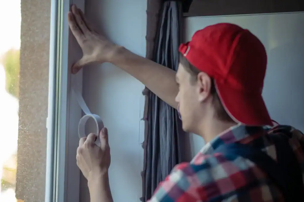 Maintenance worker in red cap and plaid shirt applying weatherstripping tape around a window frame
