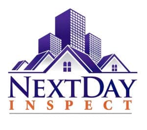 Next Day Inspect - Professional Property Inspection Services | Modern logo featuring residential homes and city buildings in purple and orange