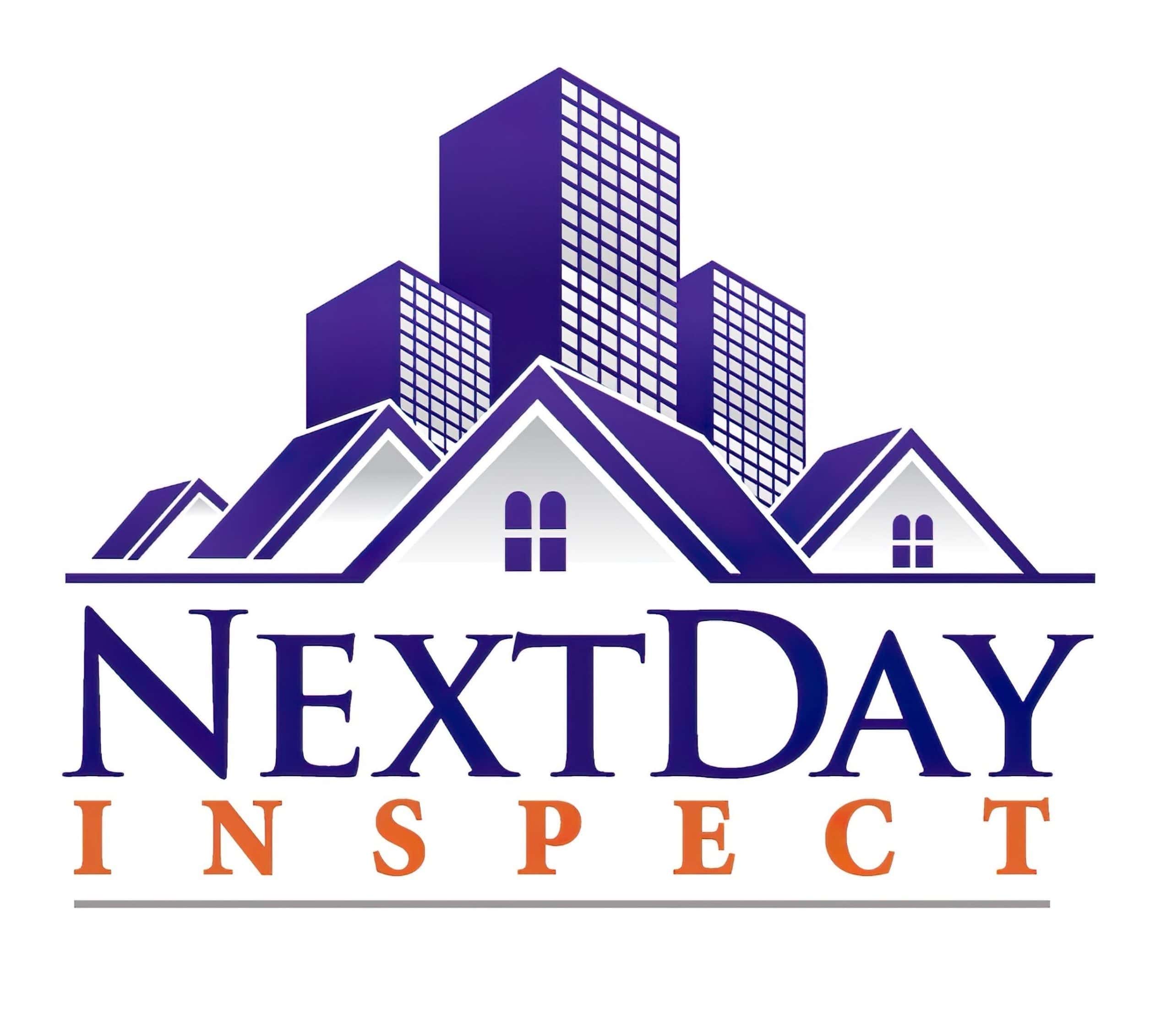 Next Day Inspect - Professional Property Inspection Services | Modern logo featuring residential homes and city buildings in purple and orange