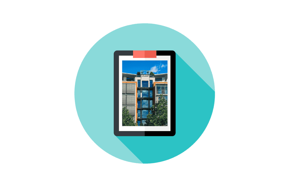 Building photo displayed on a tablet screen.