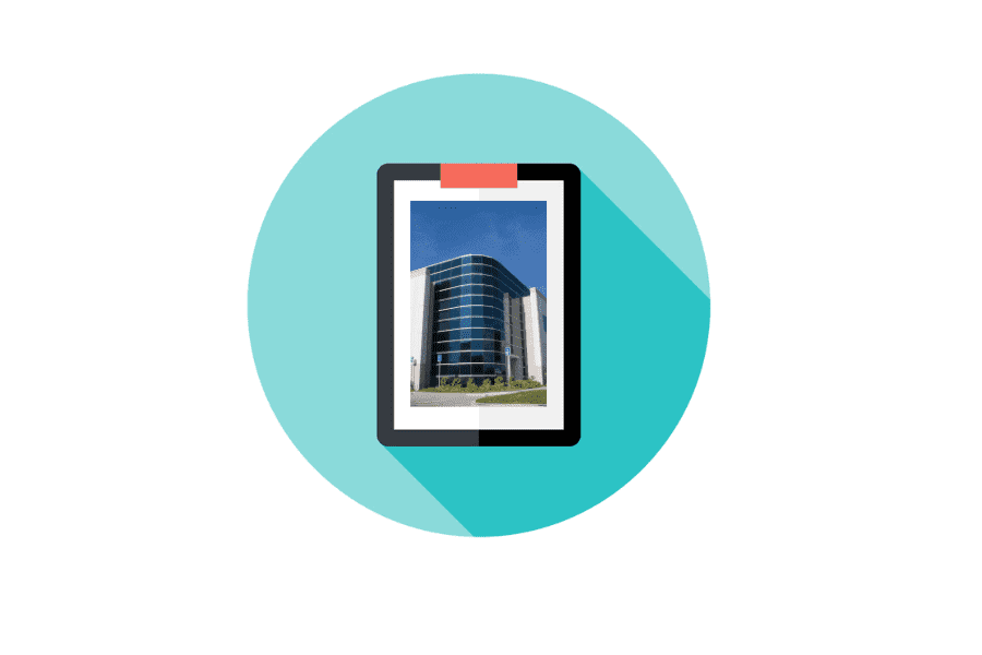 Modern building image on digital tablet icon.