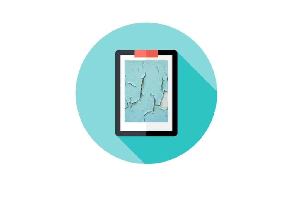 Digital tablet displaying peeling turquoise paint texture, set against a teal circular background