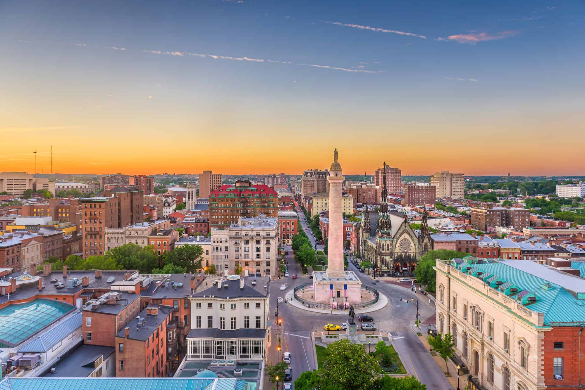 Mount Vernon Place and the Washington Monument in Baltimore at dusk