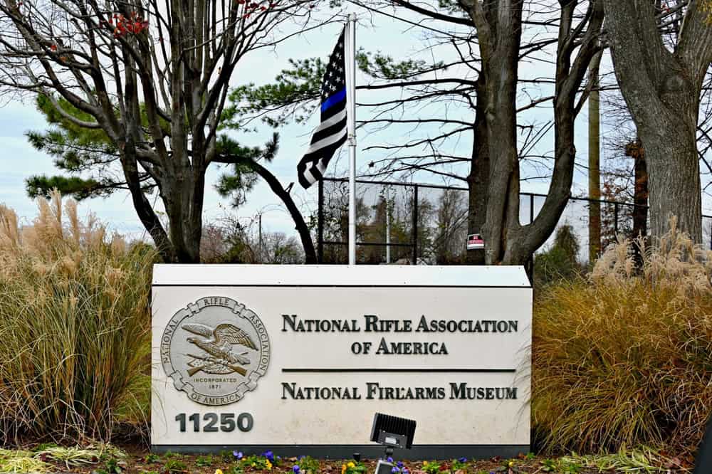 Entrance to the National Rifle Association's National Firearms Museum, featuring the NRA emblem and address.