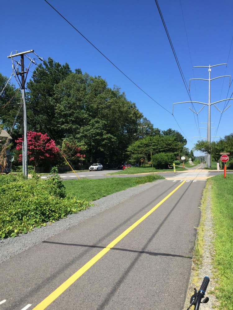 A peaceful bike trail intersects with a quiet suburban road under a clear blue sky, framed by vibrant greenery and blooming trees.