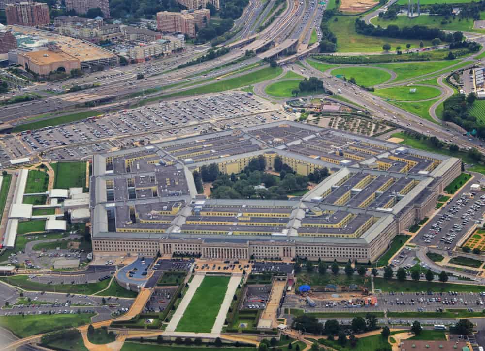 The Pentagon, headquarters of the U.S. Department of Defense, in Arlington, Virginia, photographed from above showing its distinctive five-sided architecture and sprawling 6.5 million square foot complex.