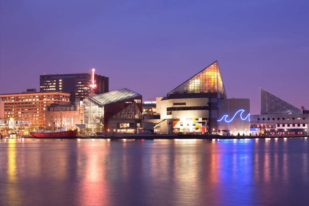 Baltimore's Inner Harbor Shines at Night: A Dazzling Display of Lights and Architecture
