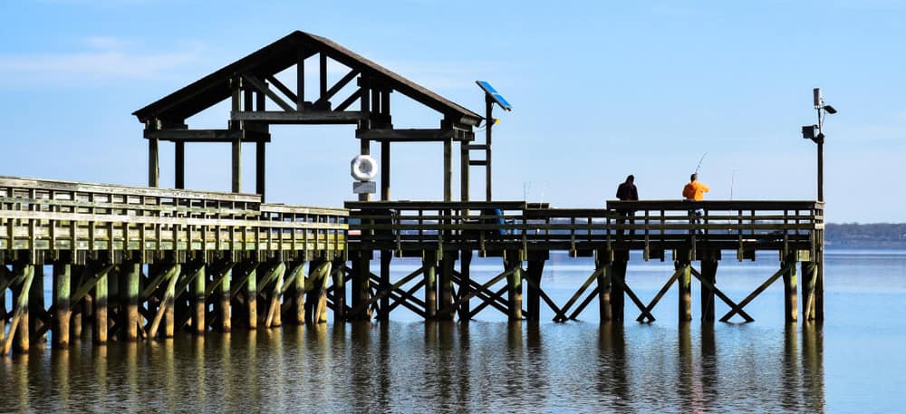 Fishing off a serene wooden pier under a clear blue sky.