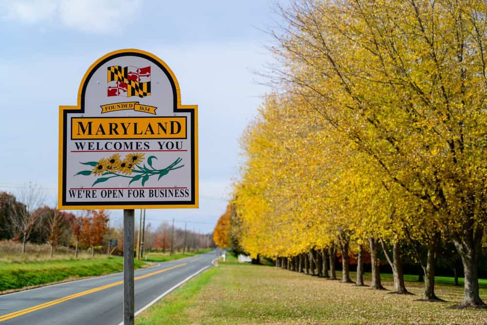 Welcome to Maryland: Golden autumn trees line the road as the state greets travelers arriving on this scenic route.