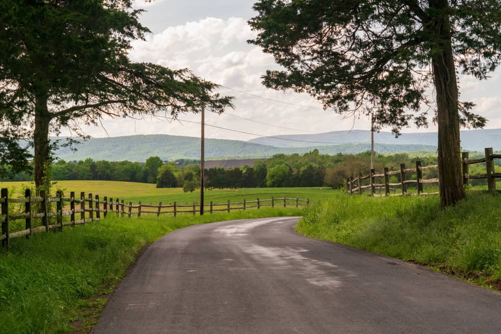 Winding country road leading to serene, rolling hills under a partly cloudy sky.