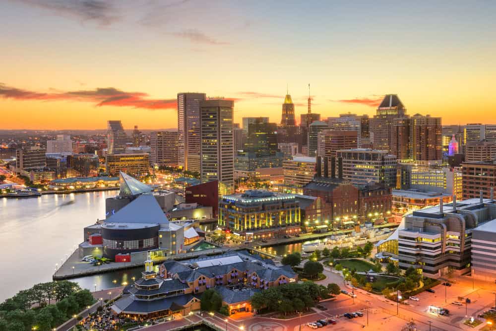 Baltimore Inner Harbor at sunset – a stunning blend of modern skyline and historic charm.