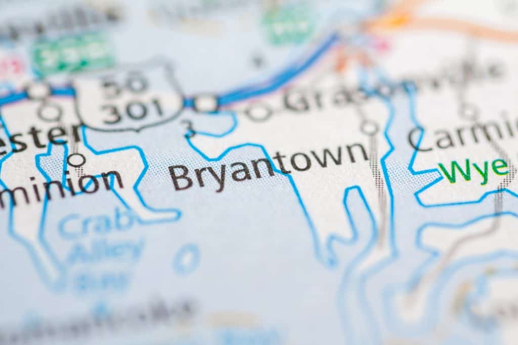 A close-up of a map, highlighting the town of Bryantown.