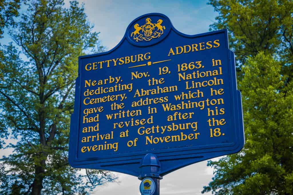 Gettysburg Address historical marker commemorating Lincoln's iconic speech at the National Cemetery in 1863.