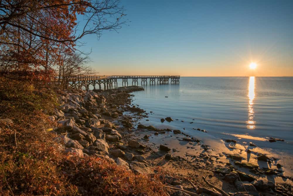 Autumn Sunset at the Pier: A serene coastal scene with golden light illuminating a rocky shore and wooden boardwalk stretching into calm waters.