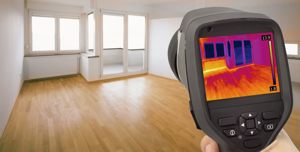 Detecting heat loss with a thermal imaging camera in a modern, empty room.