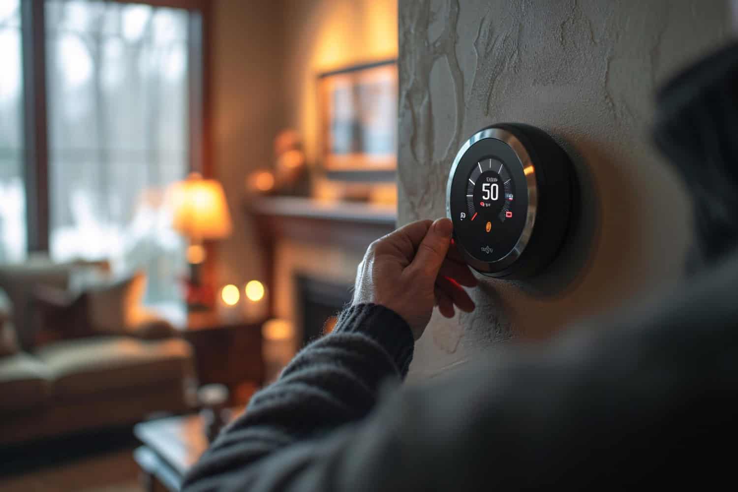 Adjusting the smart thermostat for a cozy winter evening at home.