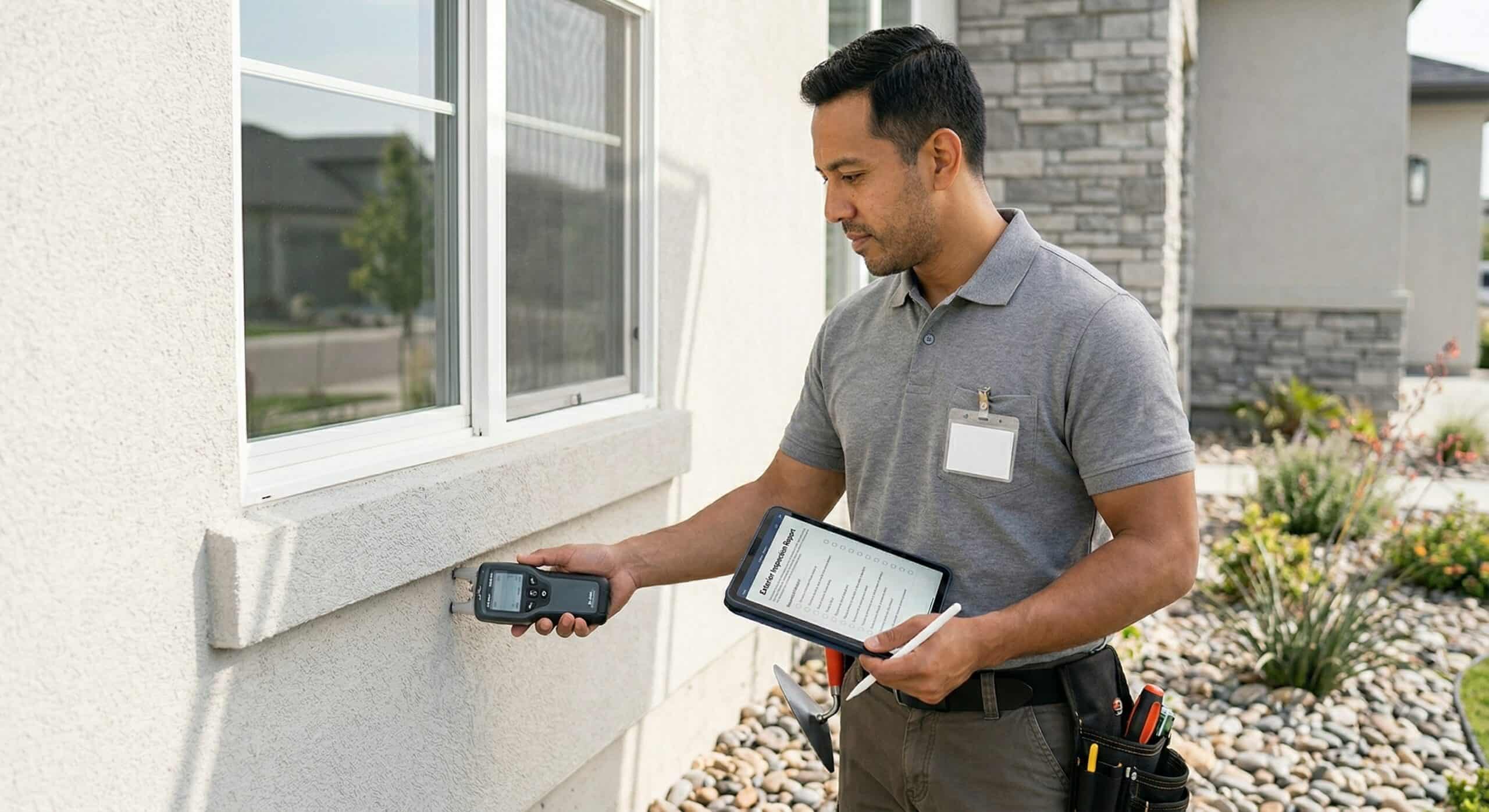 Professional home inspector reviewing a property exterior — NextDay Inspect careers