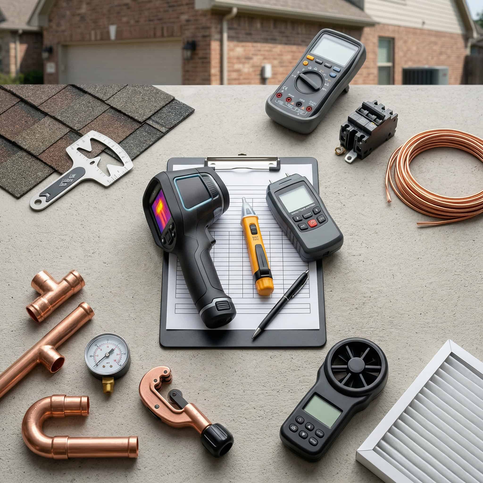 Inspector evaluating a residential property's electrical, plumbing, HVAC, and roofing systems during a four-point inspection