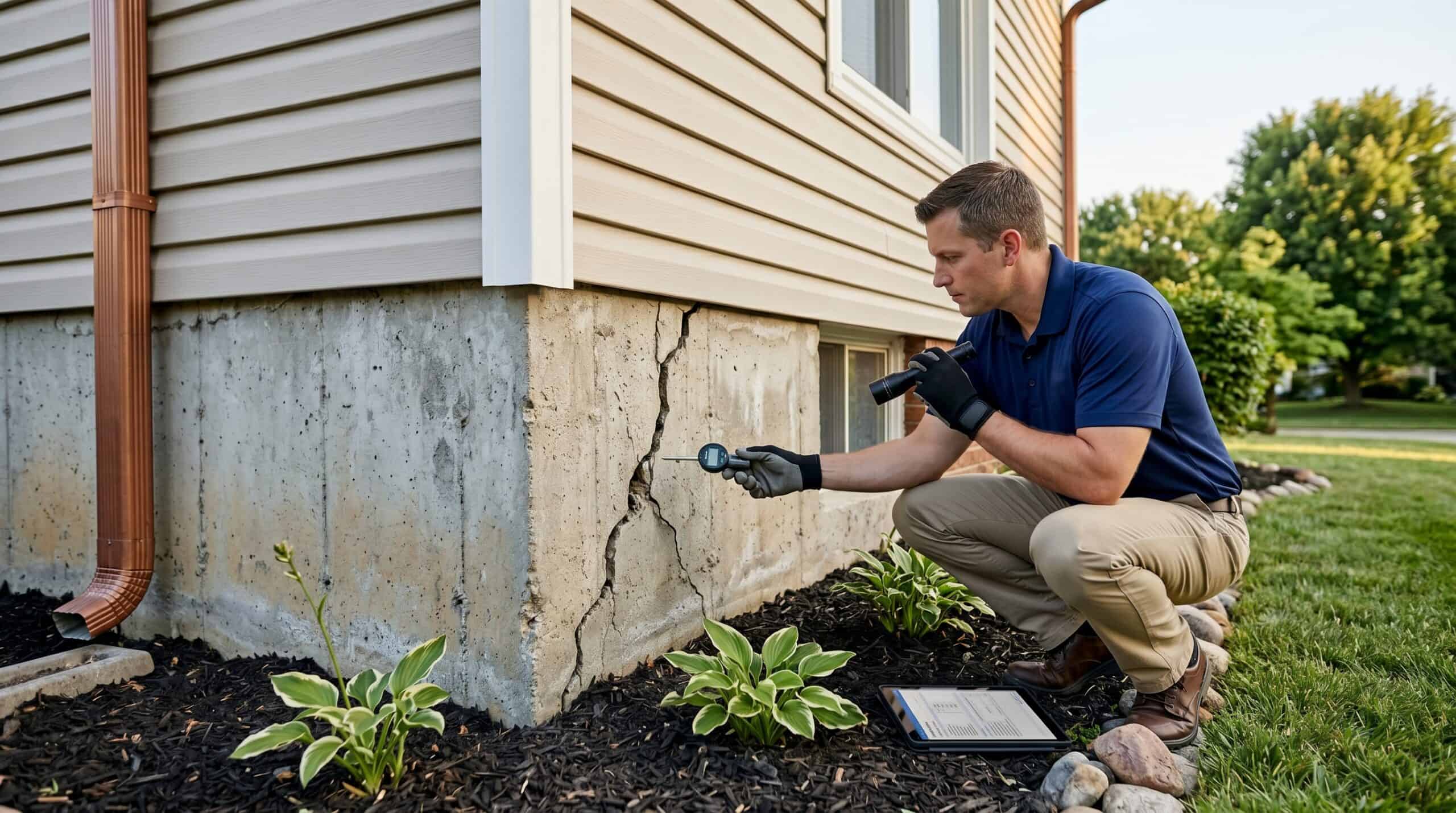 Professional foundation inspection evaluating concrete walls, grading, and structural integrity of a residential property