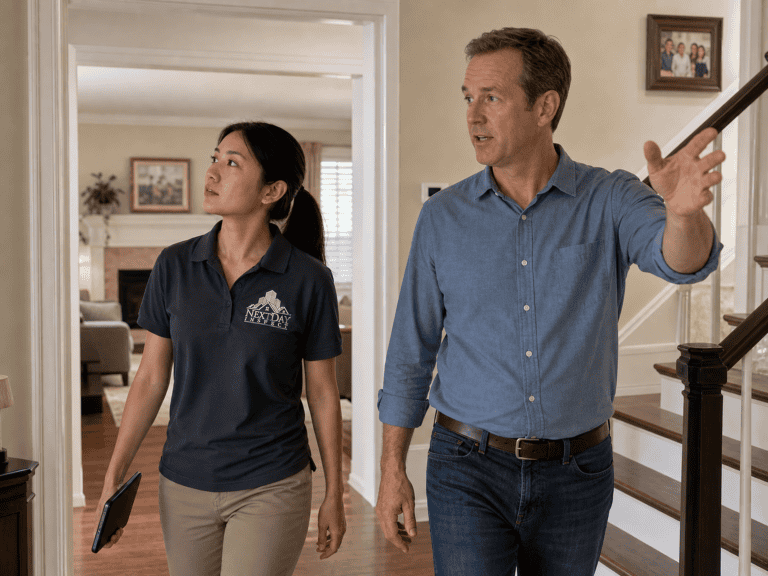 NextDay Inspect technician walking through a home with a homeowner as he points out the area he is worried about
