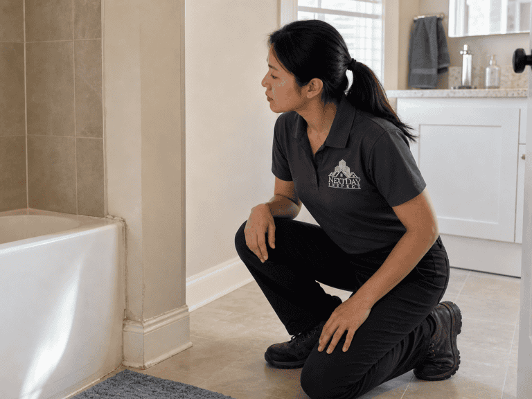 NextDay Inspect technician crouched beside a bathtub surround, examining the wall to choose where to take a mold sample