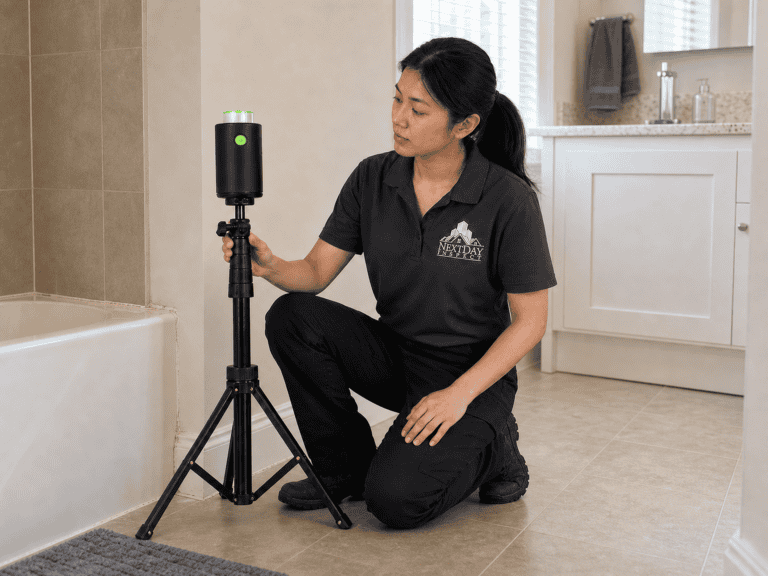 Air sampling pump running on a tripod during a NextDay Inspect mold test