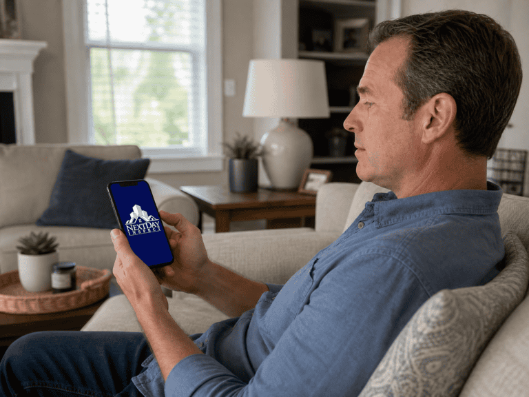 Homeowner reading a NextDay Inspect mold report on a phone at home