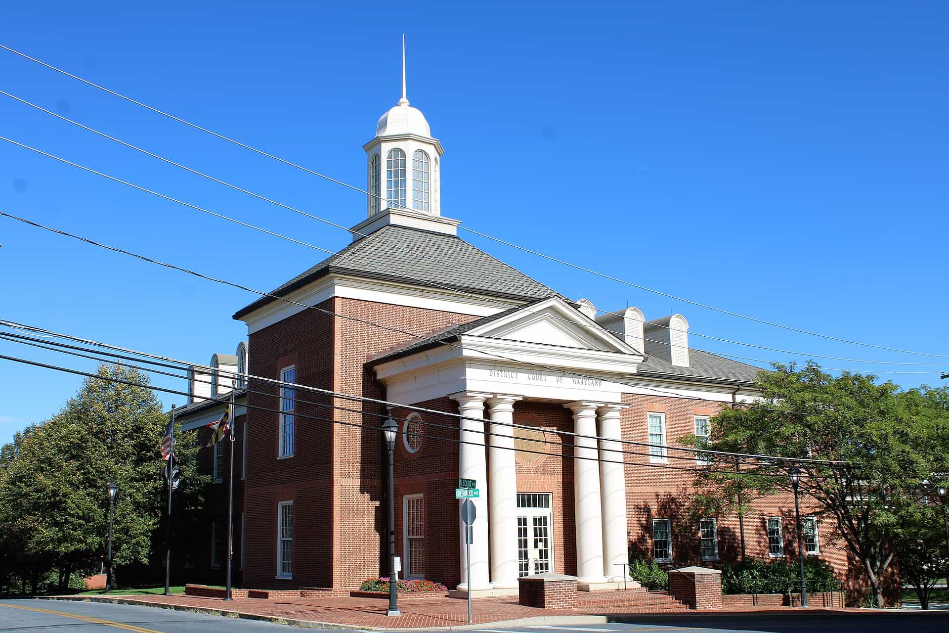 Carroll County Courthouse in downtown Westminster, Maryland, a brick building with a white columned portico and cupola