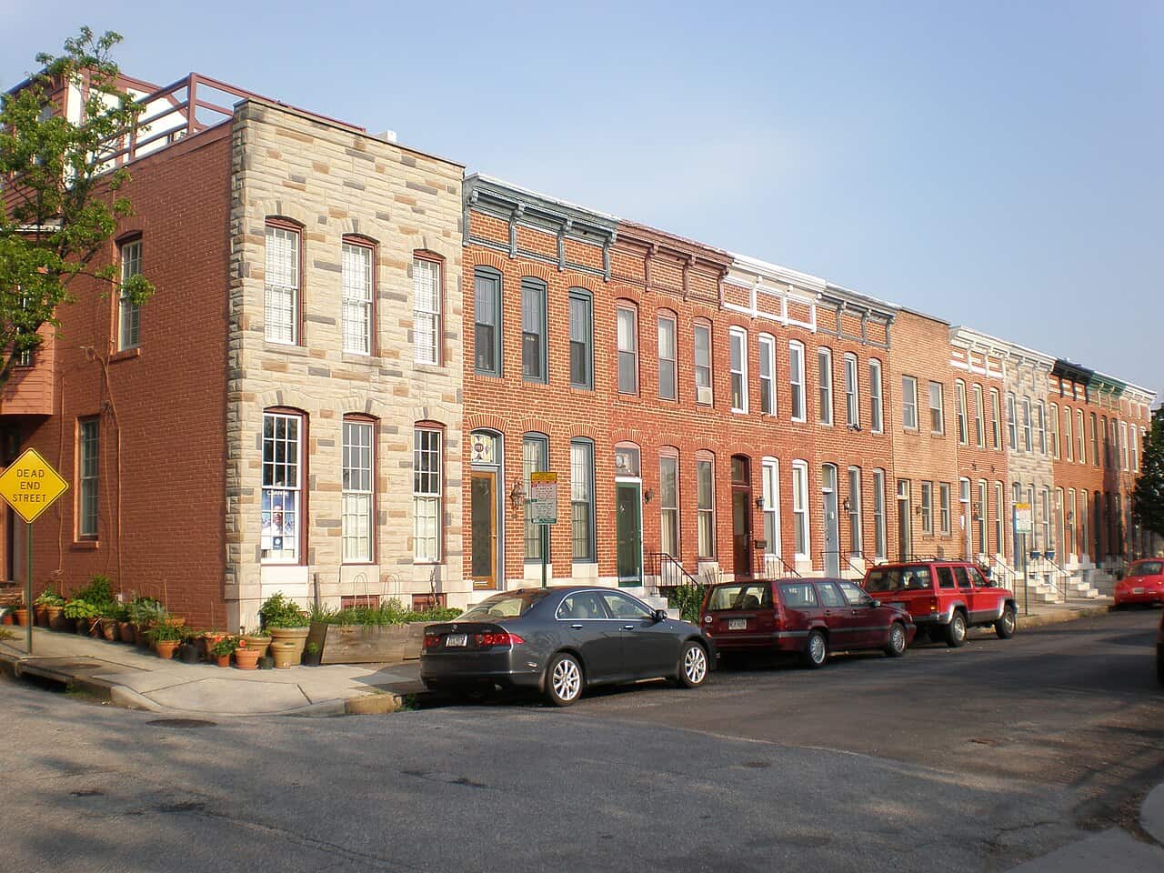 A block of brick rowhouses in Federal Hill, Baltimore