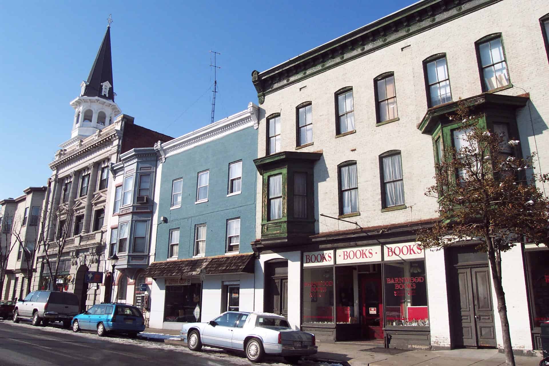 Storefronts and upper-floor apartments along Main Street in downtown Hagerstown, Maryland