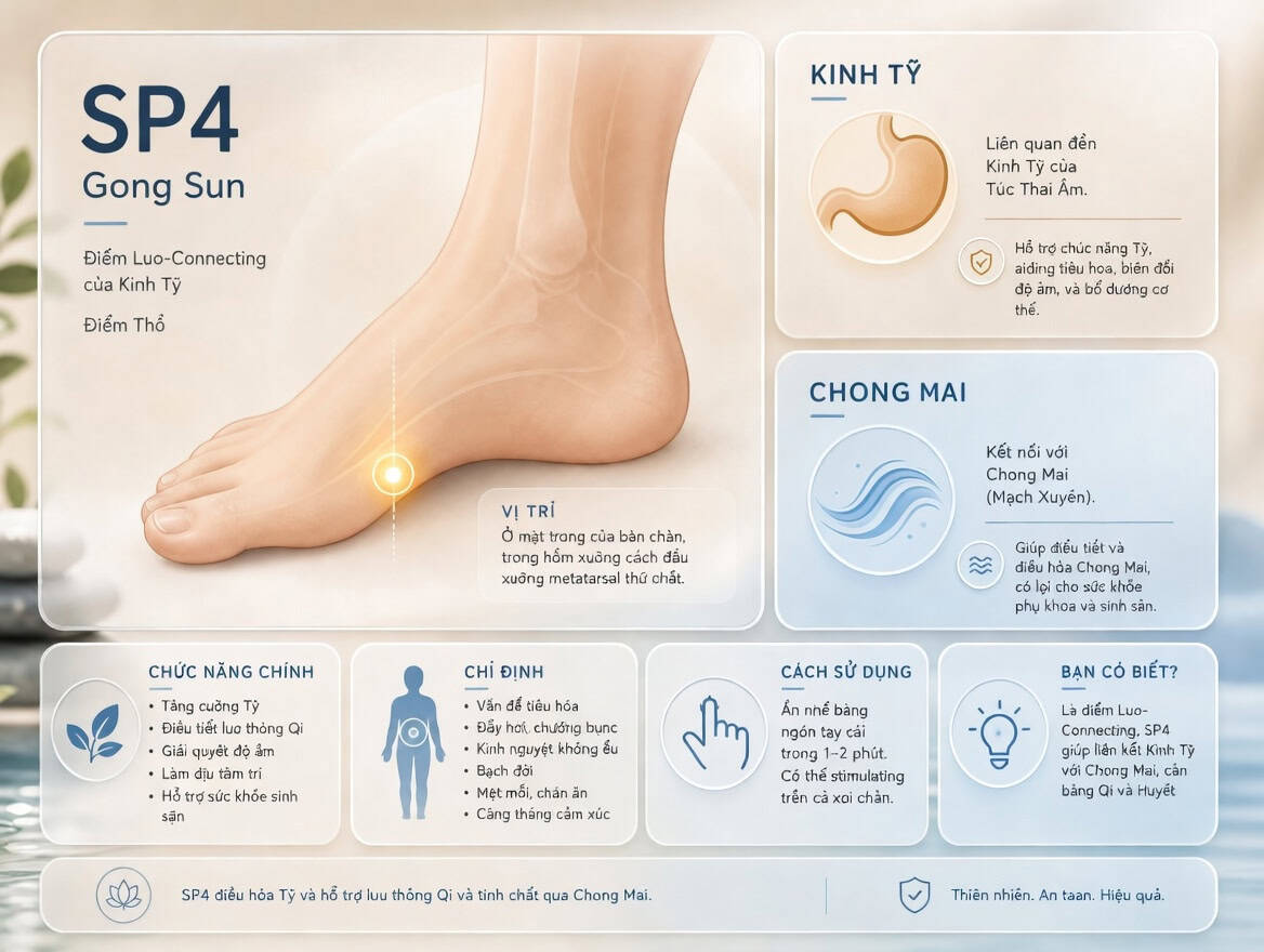 Replace the main elements, including their graphics (representation) and text, to make the output extremely relevant to "Modern Bento Grid infographic displaying the concept of the SP4 acupoint. The large primary module occupies 25 percent of the layout and features a clean vector illustration of a foot with a glowing dot on the inner edge. Surrounding smaller modules contain minimalistic icons representing the Spleen Meridian with a stylized stomach icon and the Chong Mai vessel with a wave energy flow icon. The layout uses frosted acrylic transparent glass material over a soft beige and pastel blue background. Crisp sans-serif text labels. The mood is educational, structured, and visually soothing. write text in vietnamese". Keep the same styles, background colors, typography, and layout as in the given image. Do not add new text or graphic elements that are not present in the reference image.