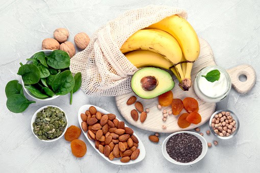 Assortment of products containing magnesium. Healthy diet food. Top view Assortment of products containing magnesium. Healthy diet food. Top view