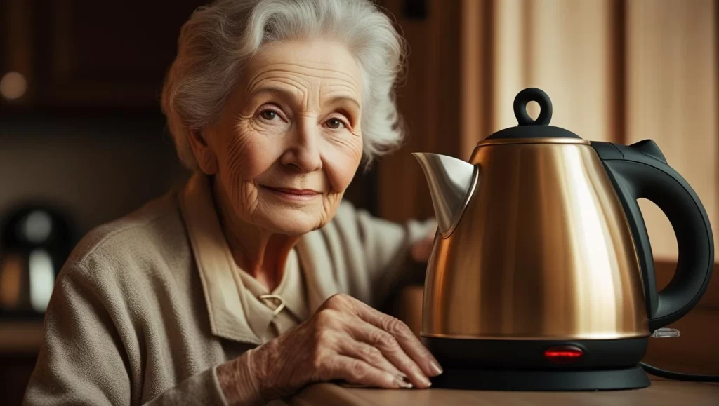 Pessoa idosa servindo água quente com segurança de uma chaleira elétrica com parede de toque frio e alça ergonômica.